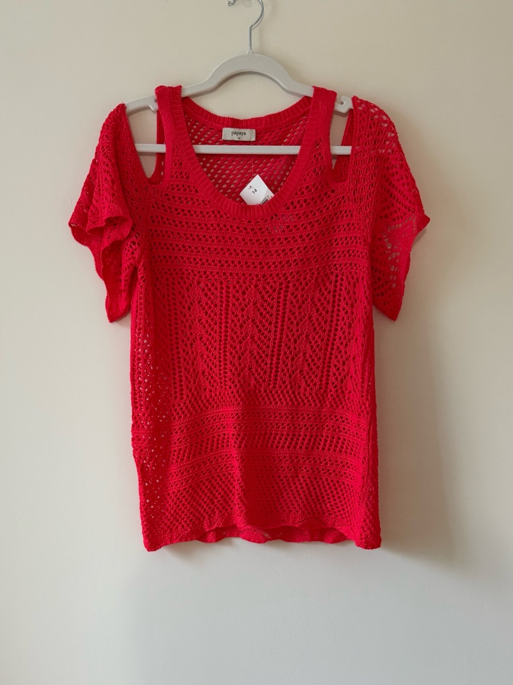 NWT Papaya Red Crochet Cold Shoulder Top Size 14 (Fits M 8–10)